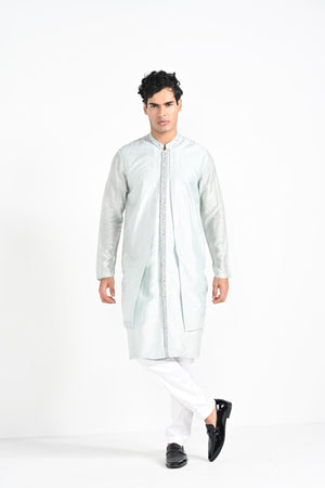Ice Blue Multicoloured Geometric Motif Achkan Set - XL image