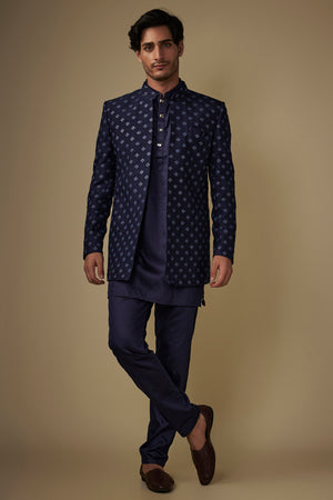 Navy Blue Embroidered Indo Western Set - L image