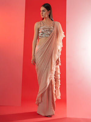 Nude Pre Draped Ruffle Saree Set image 2