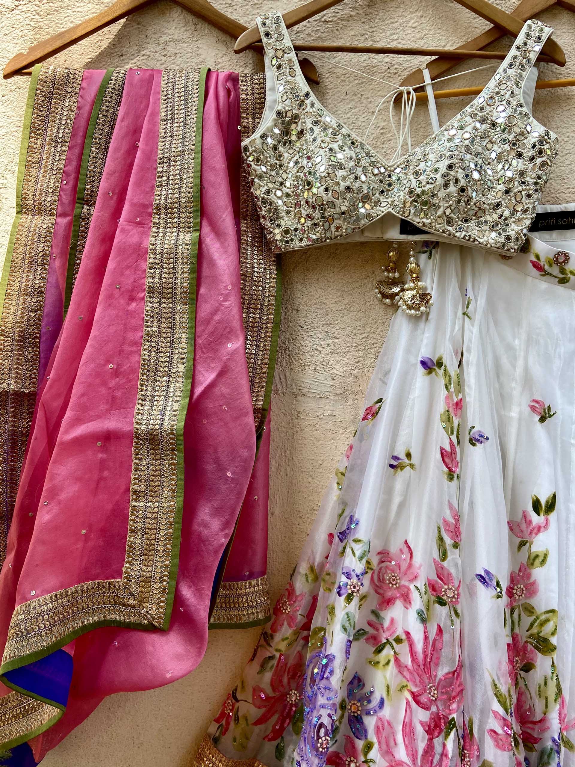 Ivory Handpainted Bridal Mirror Lehenga Set image 3