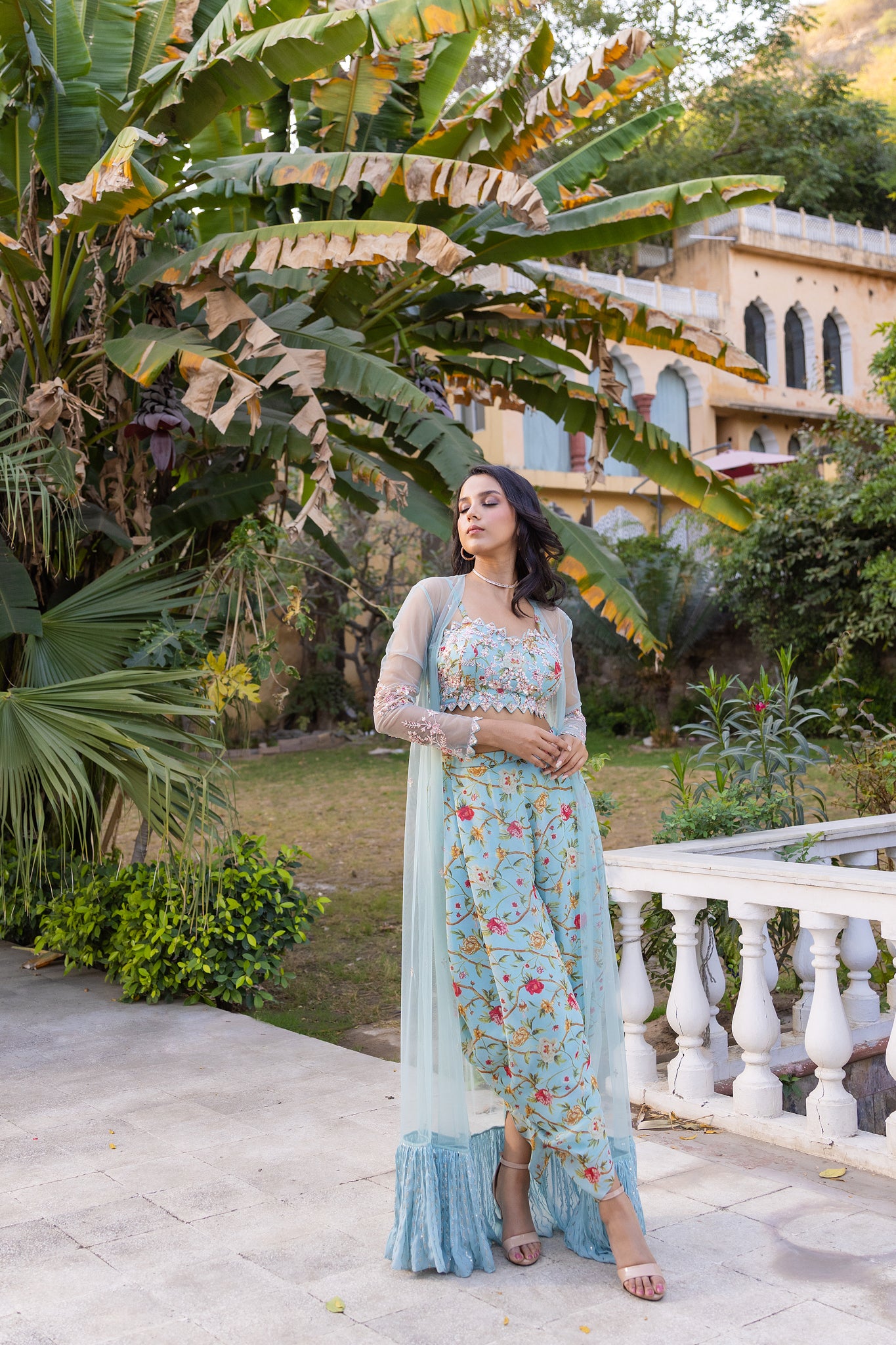 Light Blue Floral Georgette Hand Embroidered Jacket Set image 0