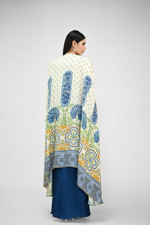 Peacock Printed Highlight Bralette Paired With Dhoti Set And Printed Cape image 2