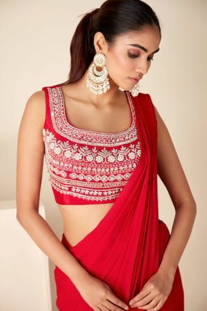 Red Pre-Drape Saree Ensemble image 2