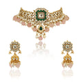 Green And White Choker Necklace Set With Pearls image 0