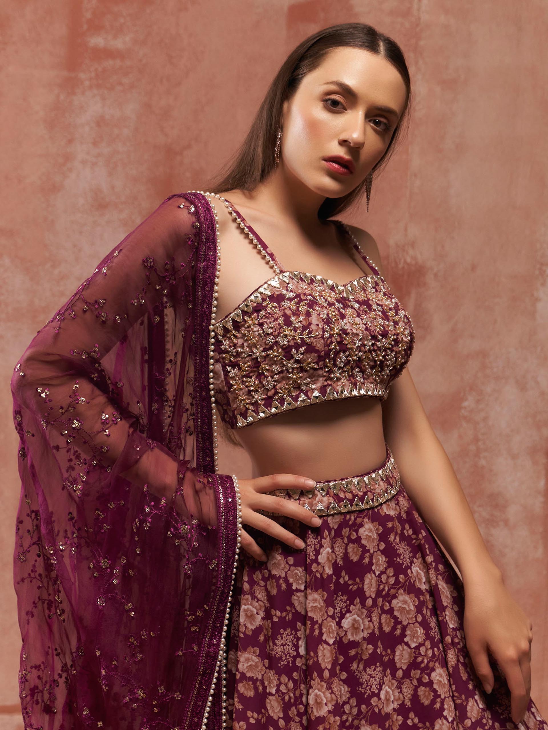 Wine Floral Print Co-Ord Lehenga Set image 1