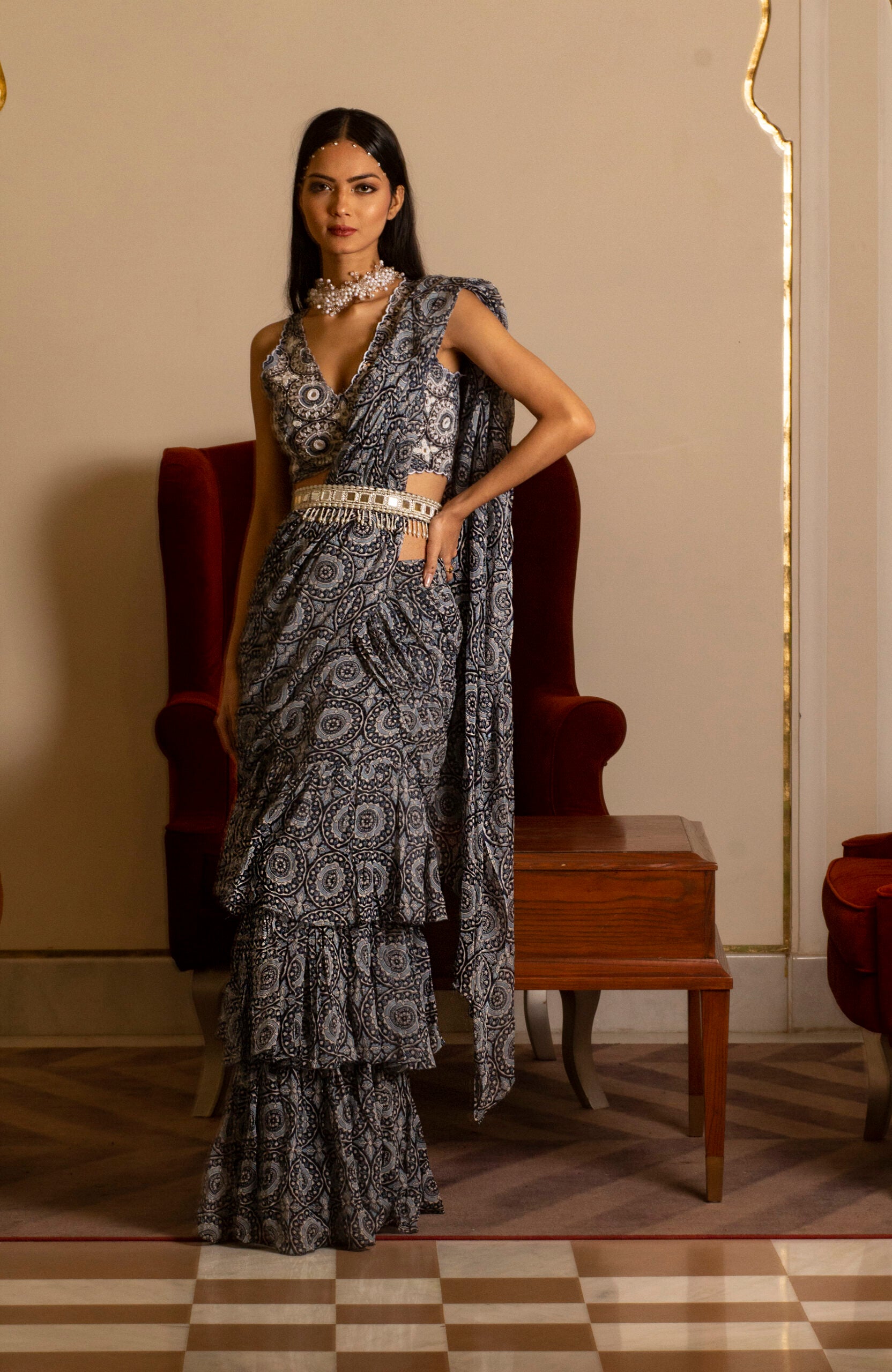 Blue Printed Skirt Saree Set with Belt - Custom image