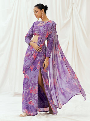 Violet Printed Embroidered Drape Saree Set image 4