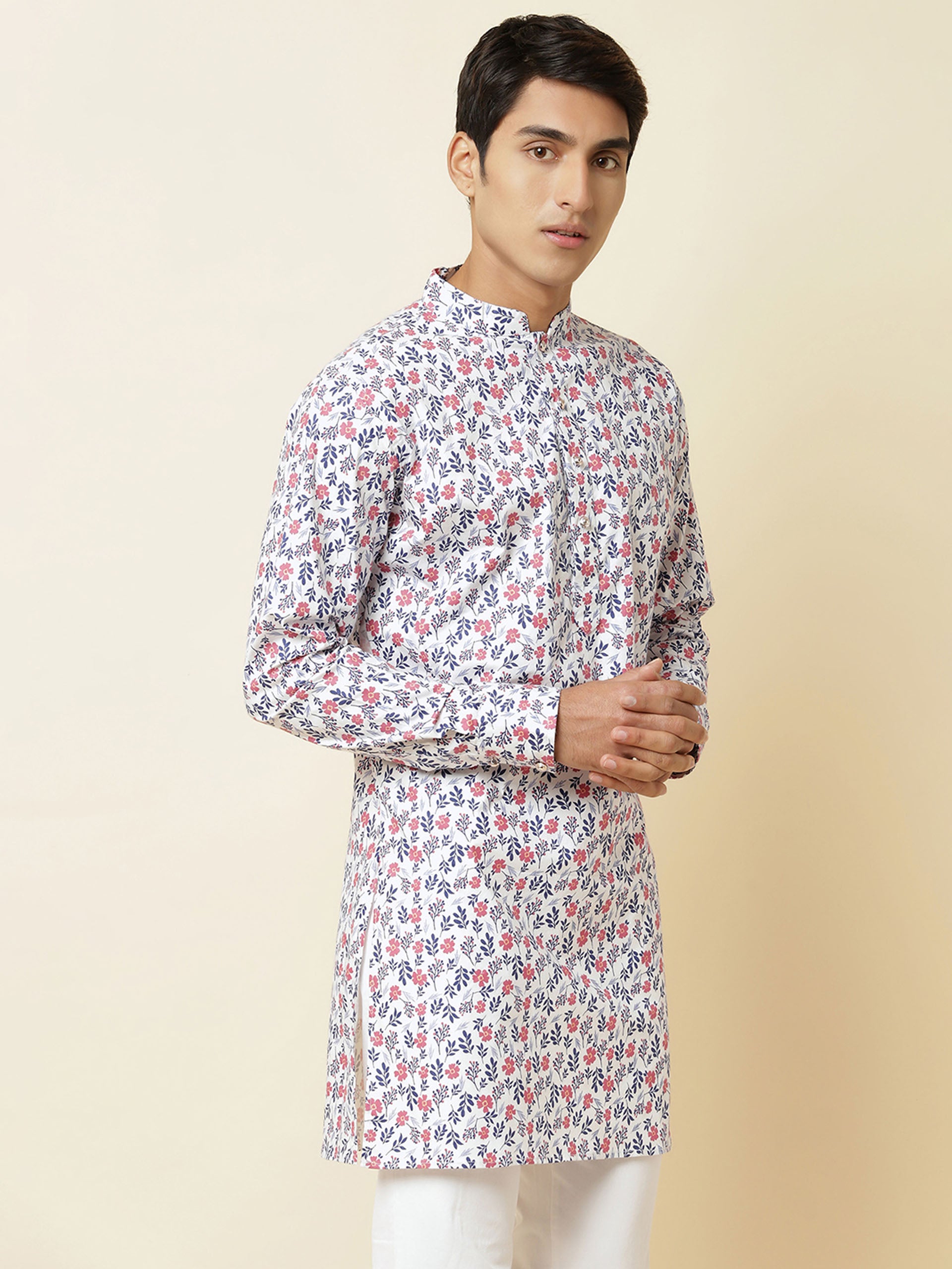 White Floral Print Kurta image 3