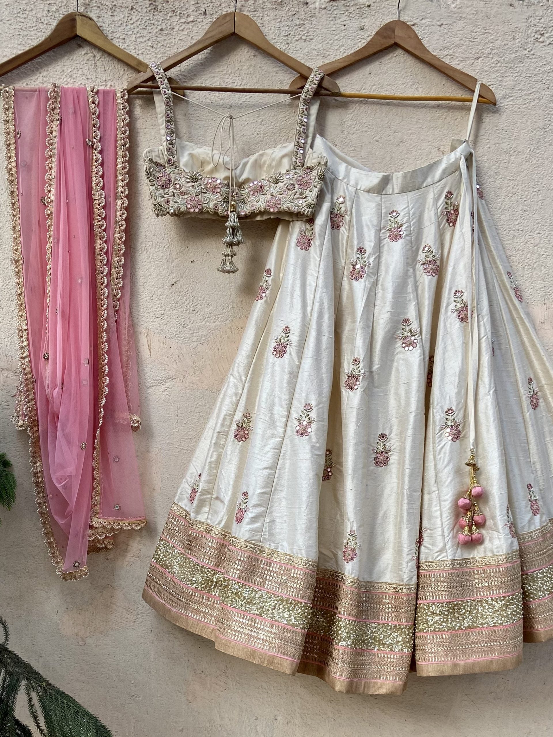 Ivory Raw Silk Lehenga with Mirror Work image 1