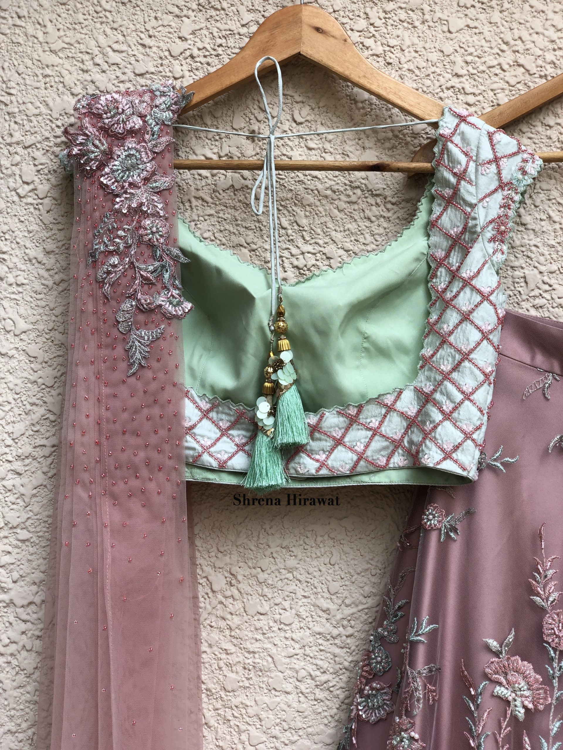 Dust Pink Embroidered Lehenga with Mint Green Blouse image 1