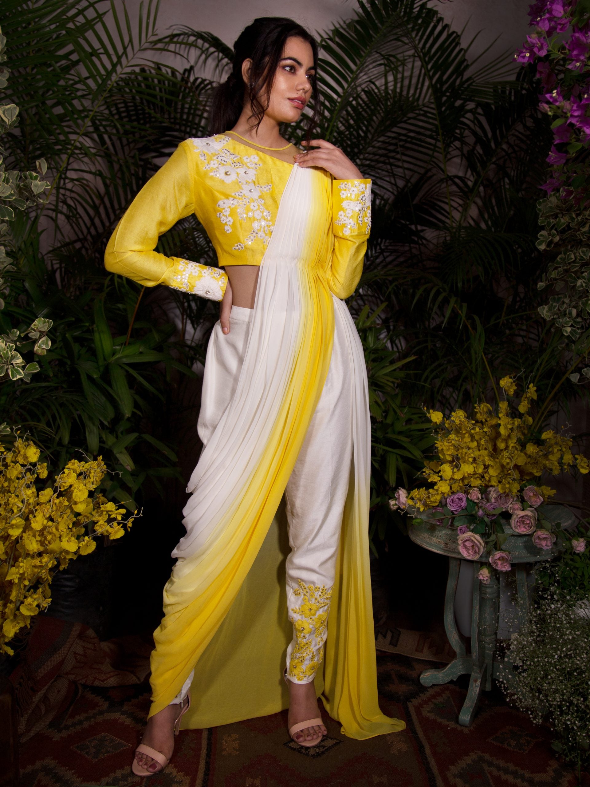 Yellow and White Pant Saree image 1