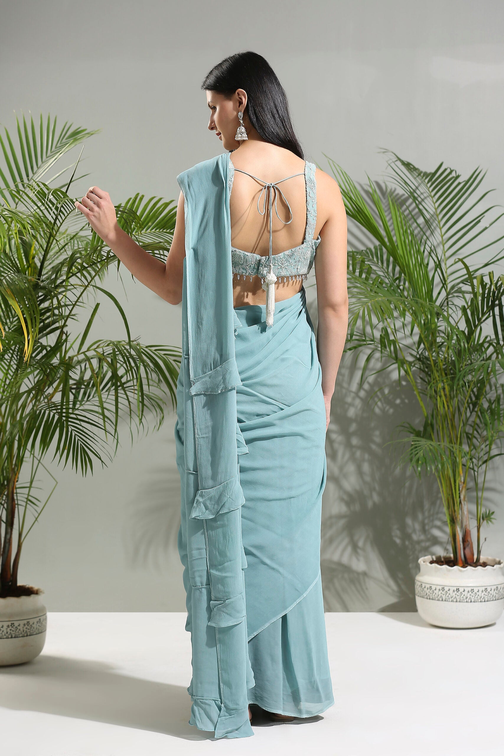 Dusty Blue Jacket and Saree Set image 3