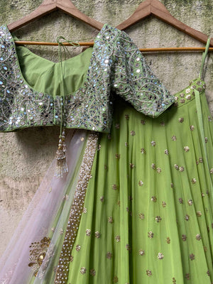 Olive Green Sharmily Mirror Lehenga Set image 3