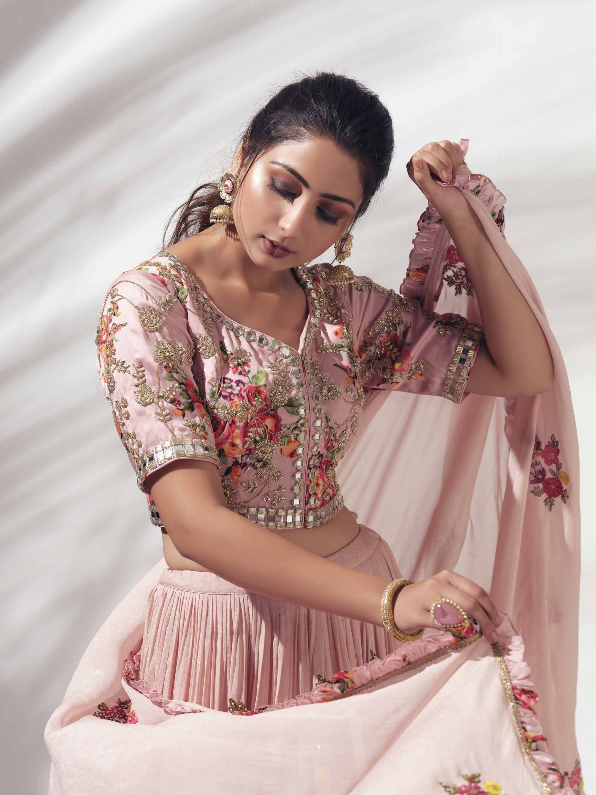 Pink Floral Lehenga with Mirror Work Blouse image 2