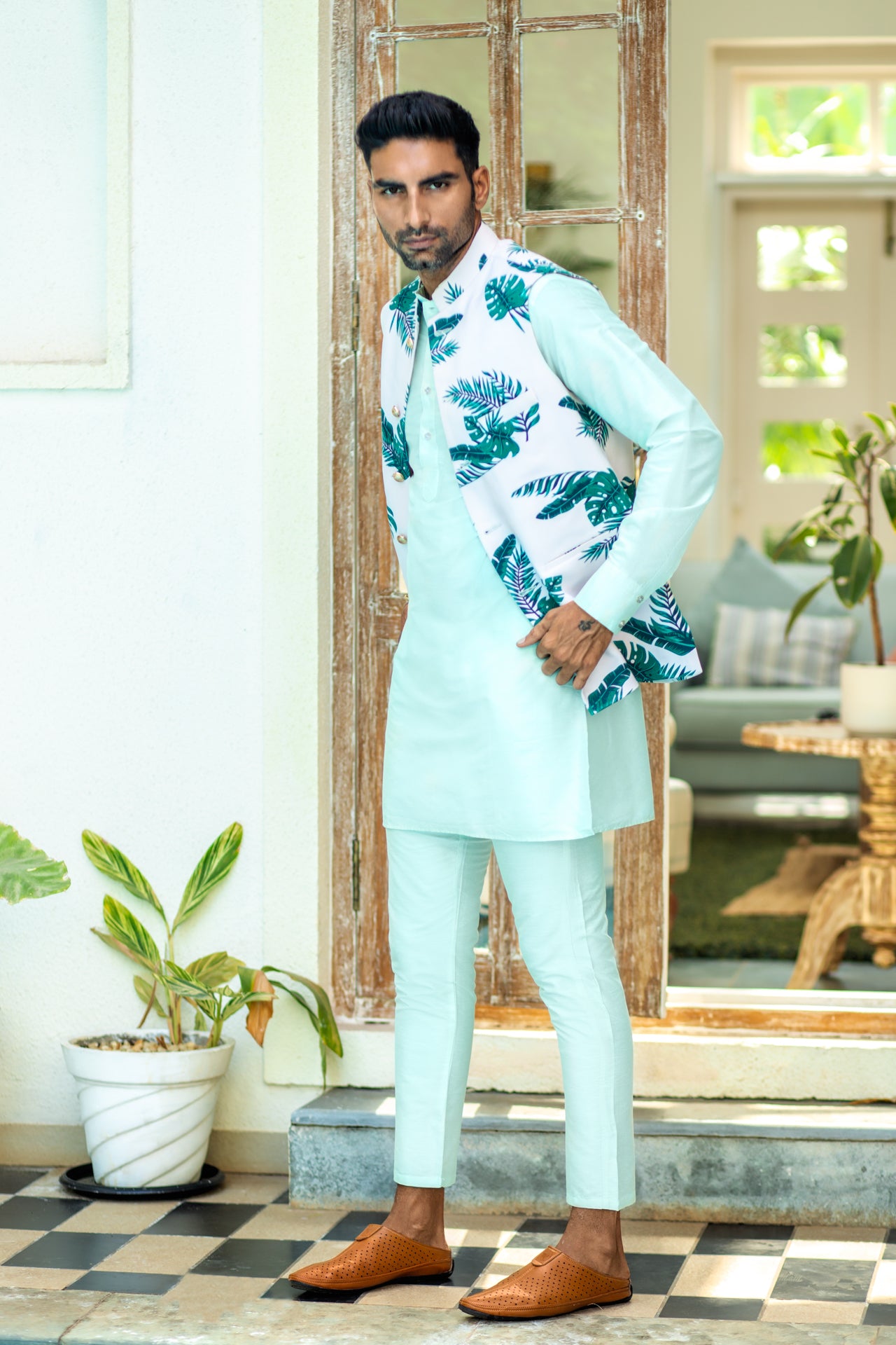 Tropical Print Bundi Jacket Kurta Set image 1