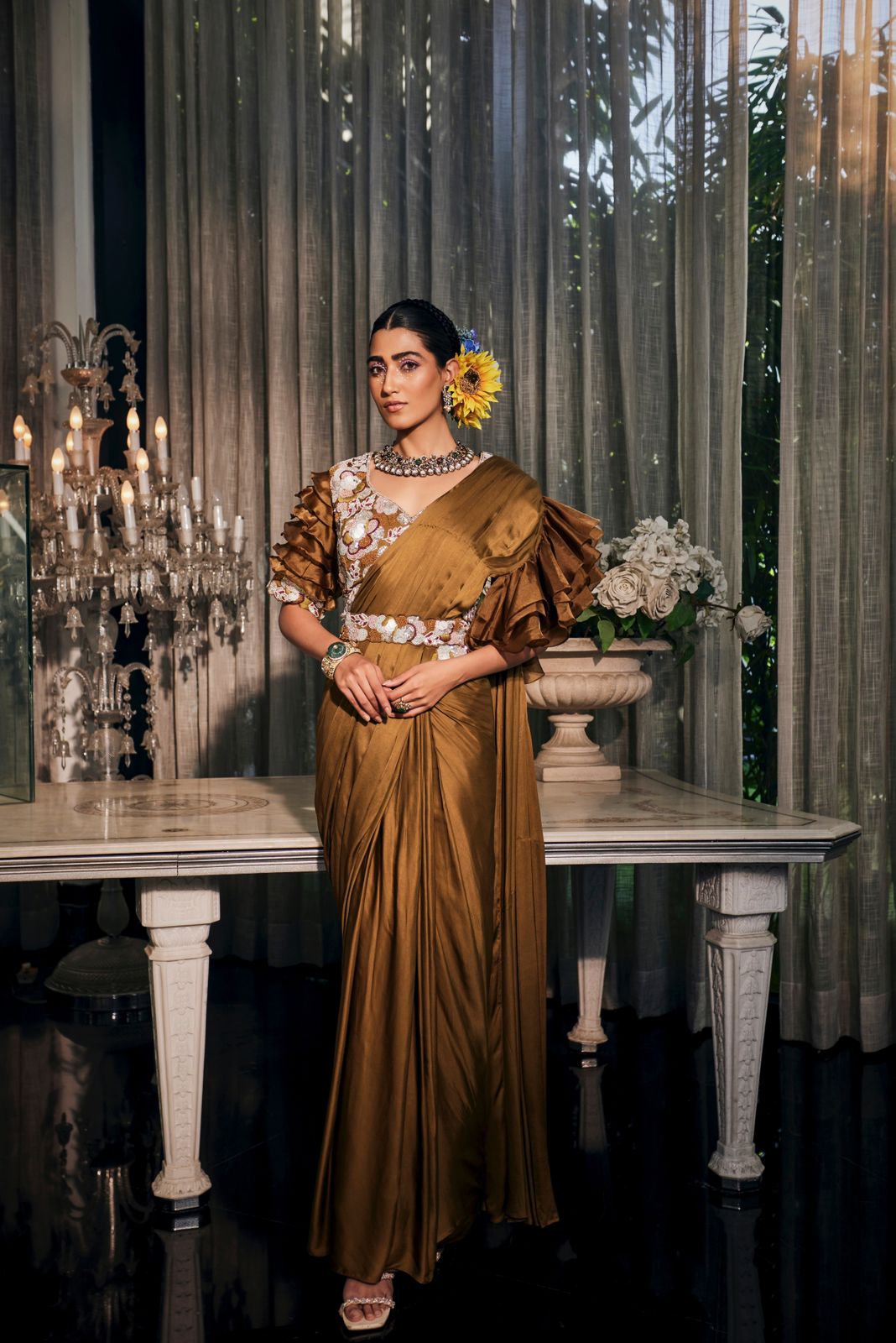 Ruffle Pre-Draped Saree Set - XL image