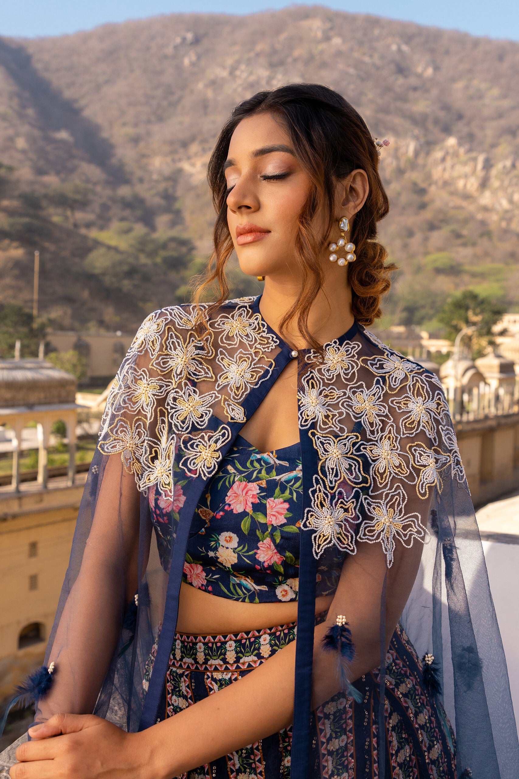 Blue Crepe Georgette Set With Cape image 2