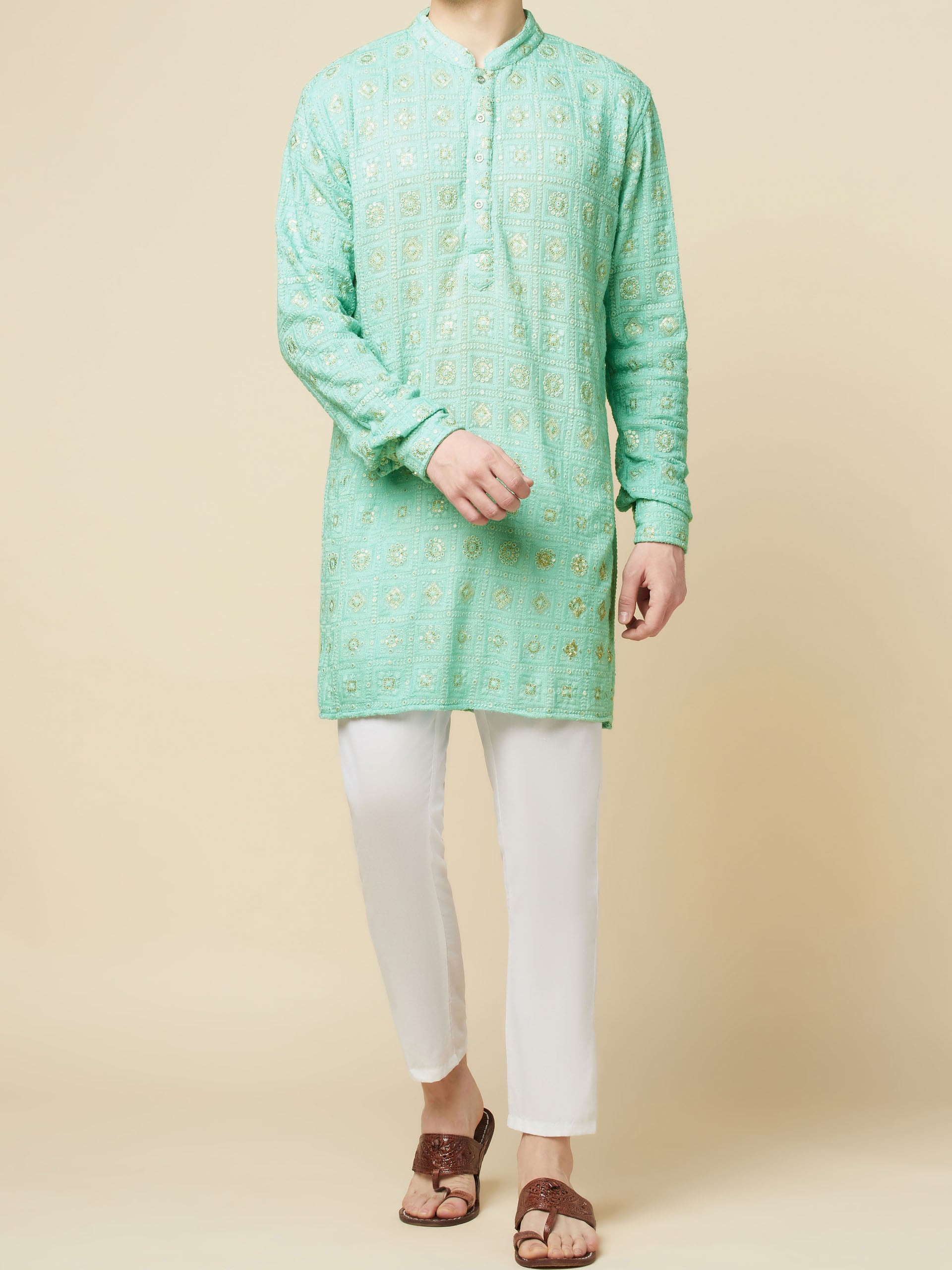Mint Green Lucknowi Embroidered Kurta Set image 1