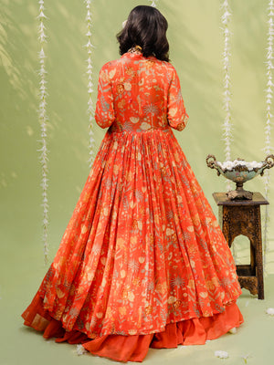Rust Orange Garden Lehenga Set with Cape image 5