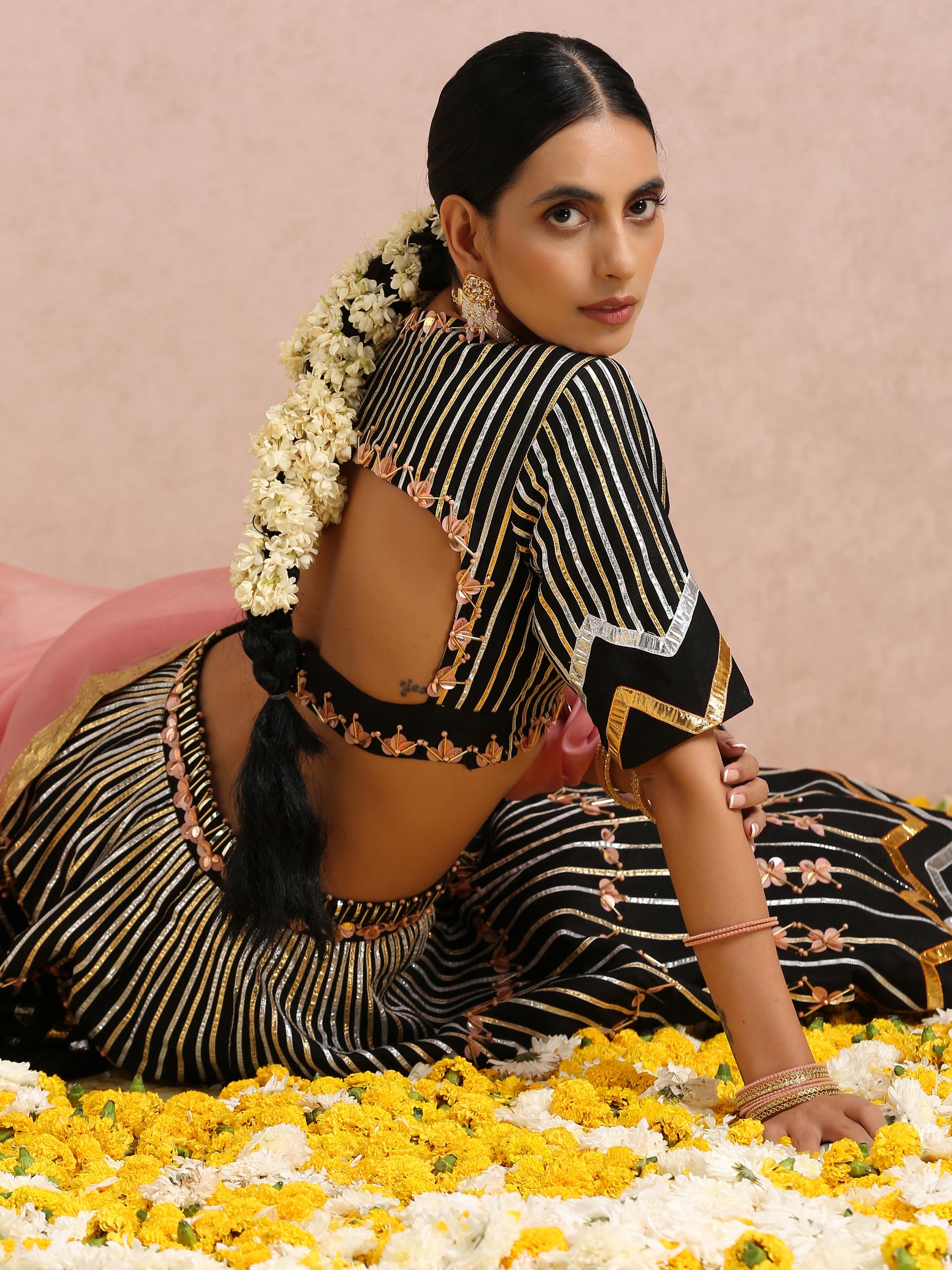 Black Embroidered Stripe Lehenga Set image 1