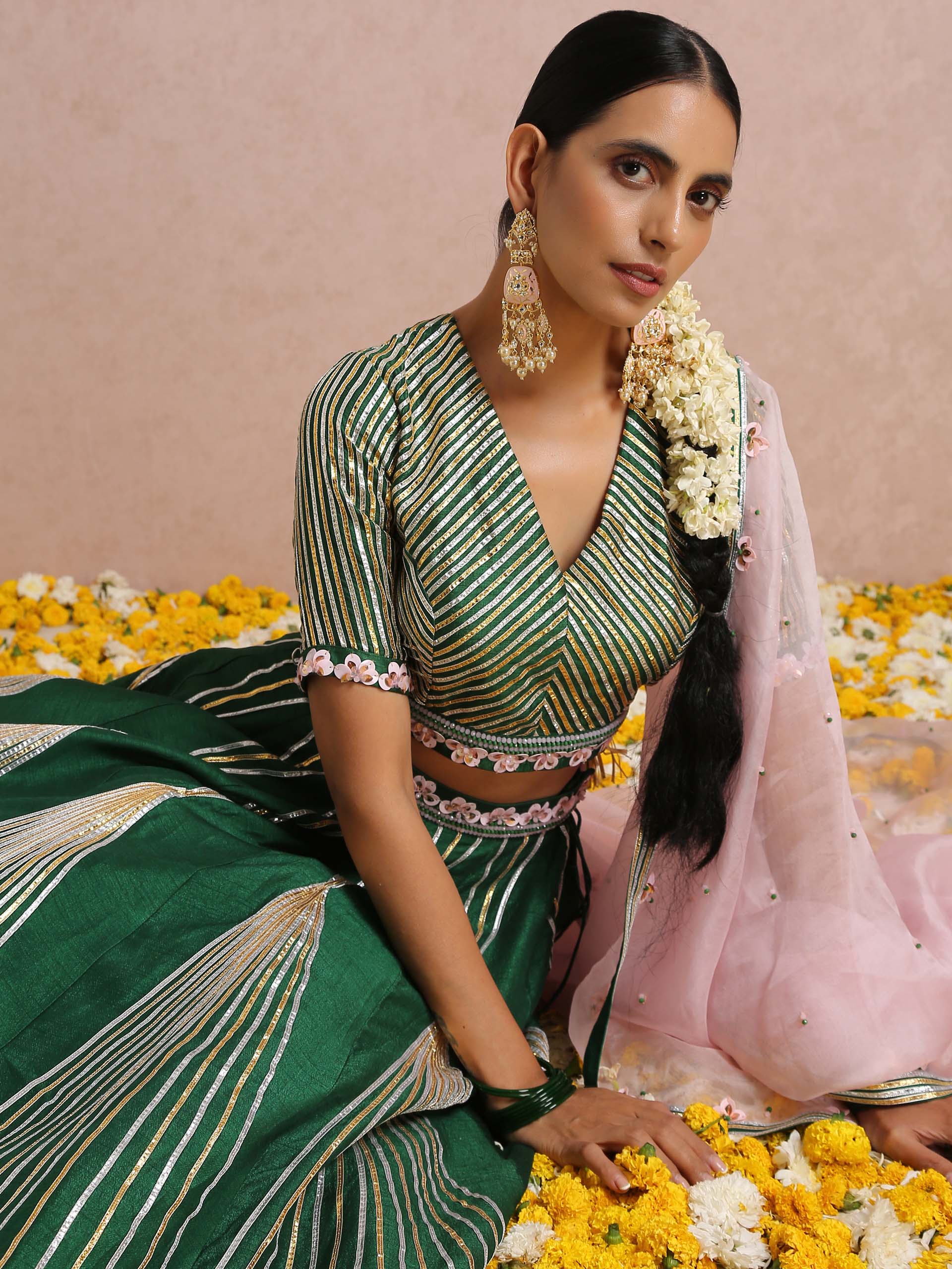 Green Embroidered Stripe Lehenga Set image 1