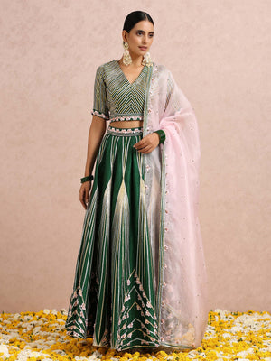Green Embroidered Stripe Lehenga Set image 5