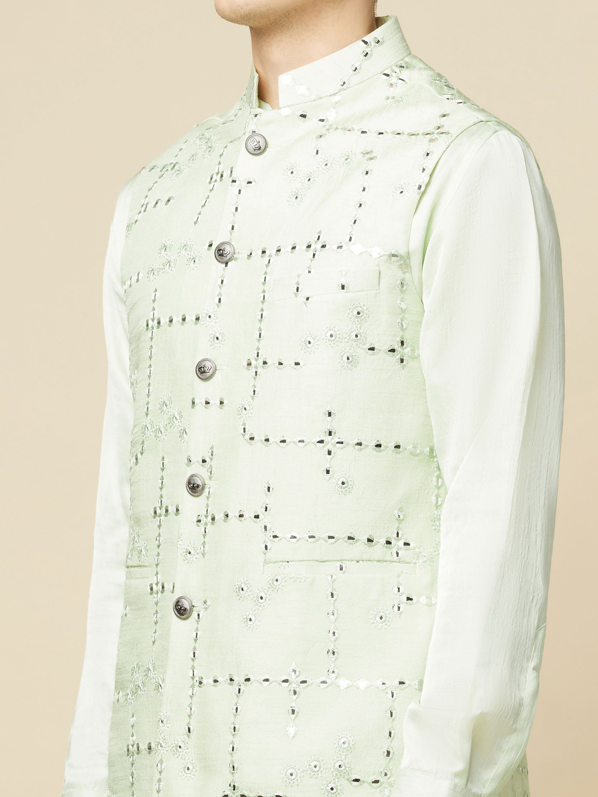 Mint Green Kurta Bundi Jacket Set image 7