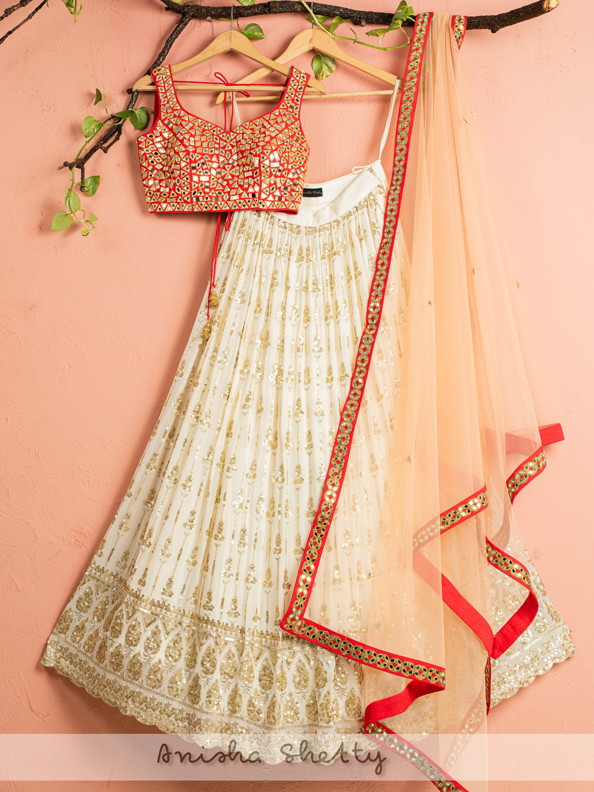 Ivory and Red Mirror Lehenga Set - S image