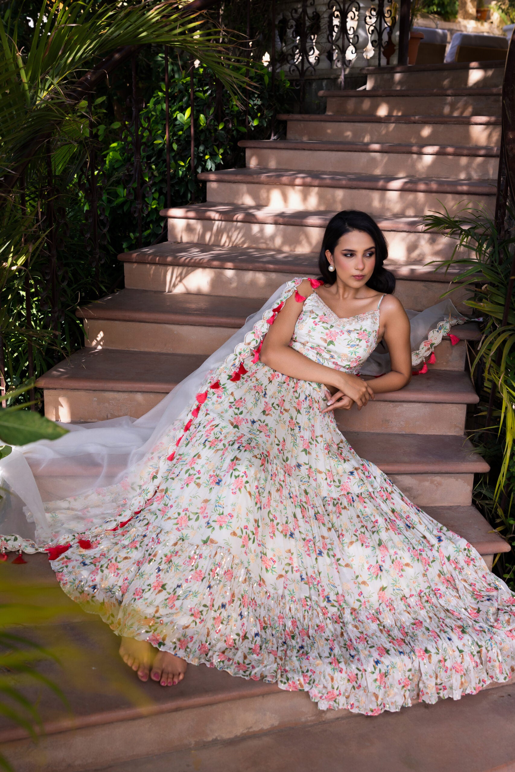 Off-White Floral Georgette Crepe Embroidered Tiered Lehenga Set image 3