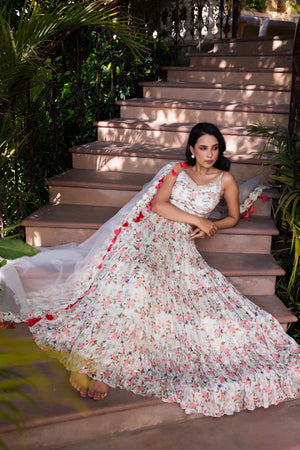 Off-White Floral Georgette Crepe Embroidered Tiered Lehenga Set image 3