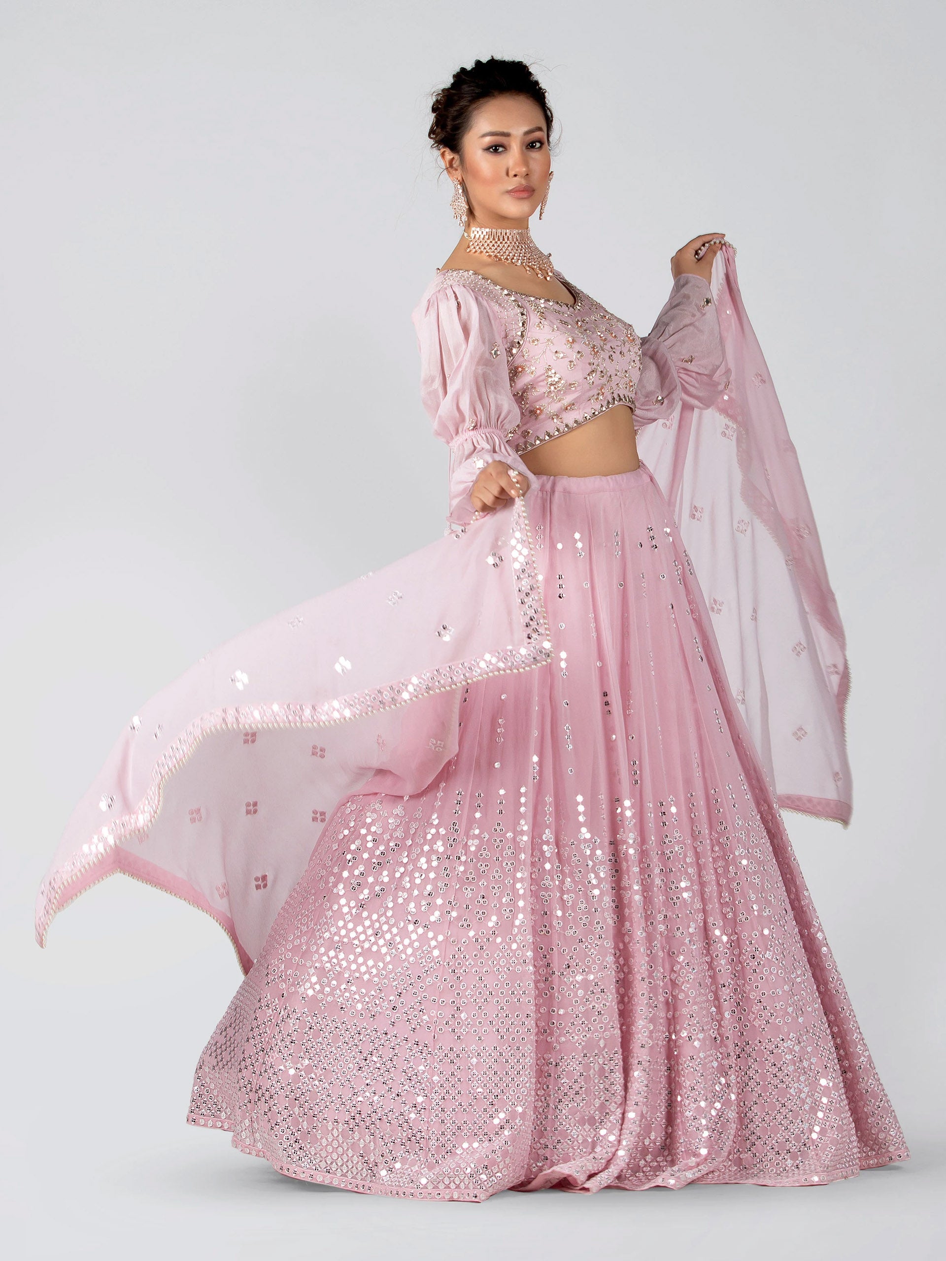 Light Pink Mirror Lehenga Set - M image