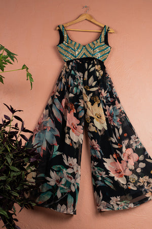 Midnight Blue Floral Blossom Pallazo Pant With Jacket Set image 4