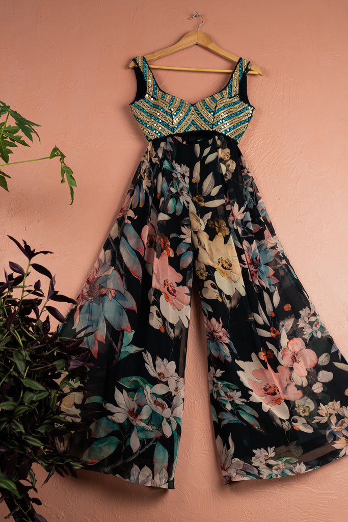 Midnight Blue Floral Blossom Pallazo Pant With Jacket Set image 4