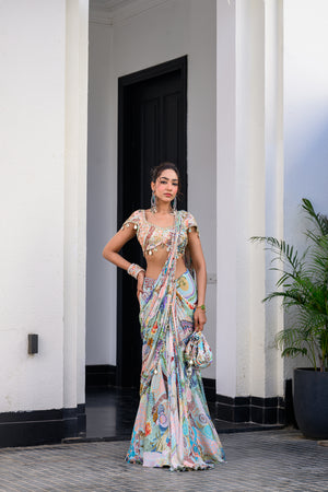 Gardenia Highlighted Saree Paidwan with Hand Work Mirror Blouse image 0