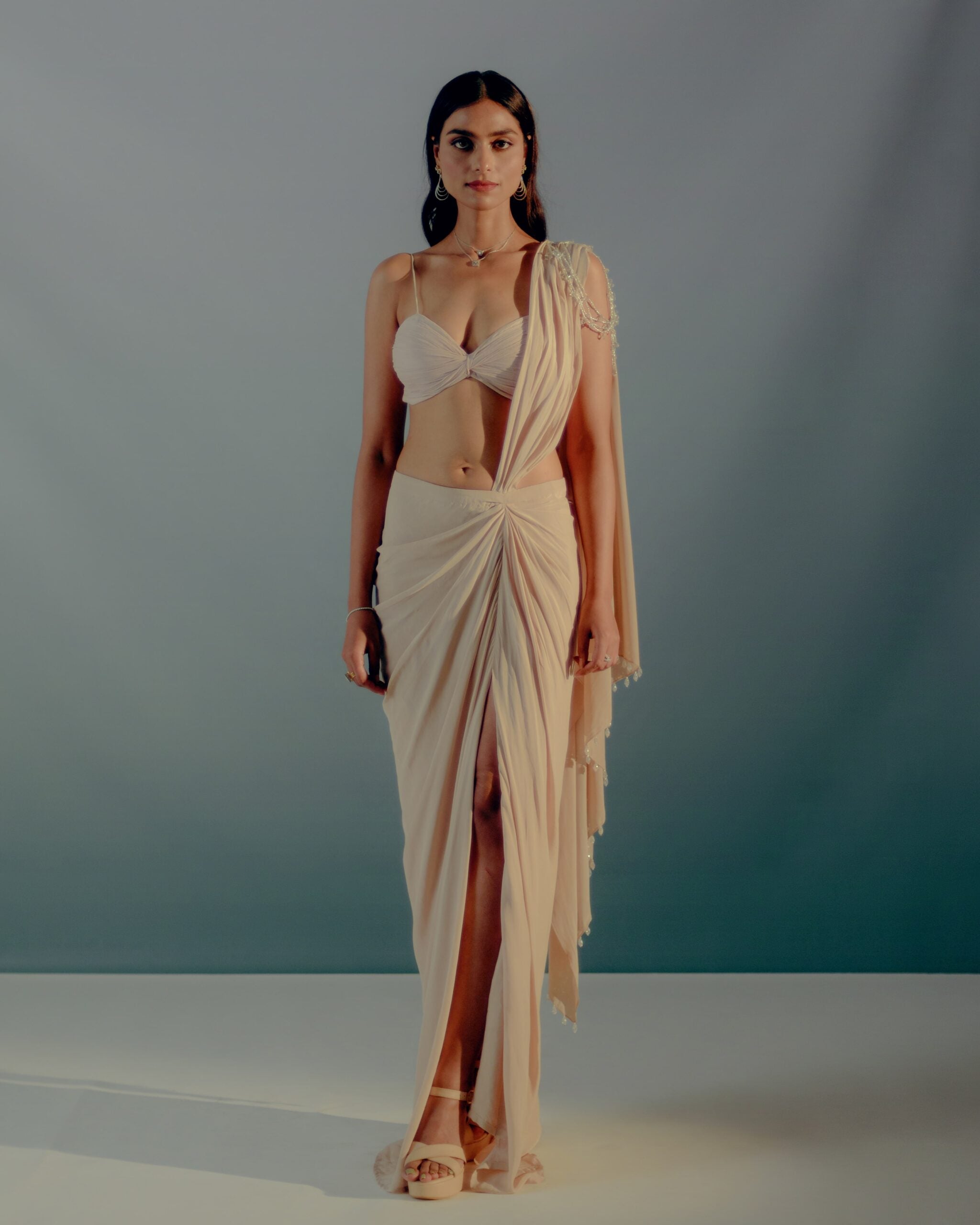 Cream Ruching Detail Saree Set - Custom image