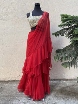 Red Ruffle Saree image 2