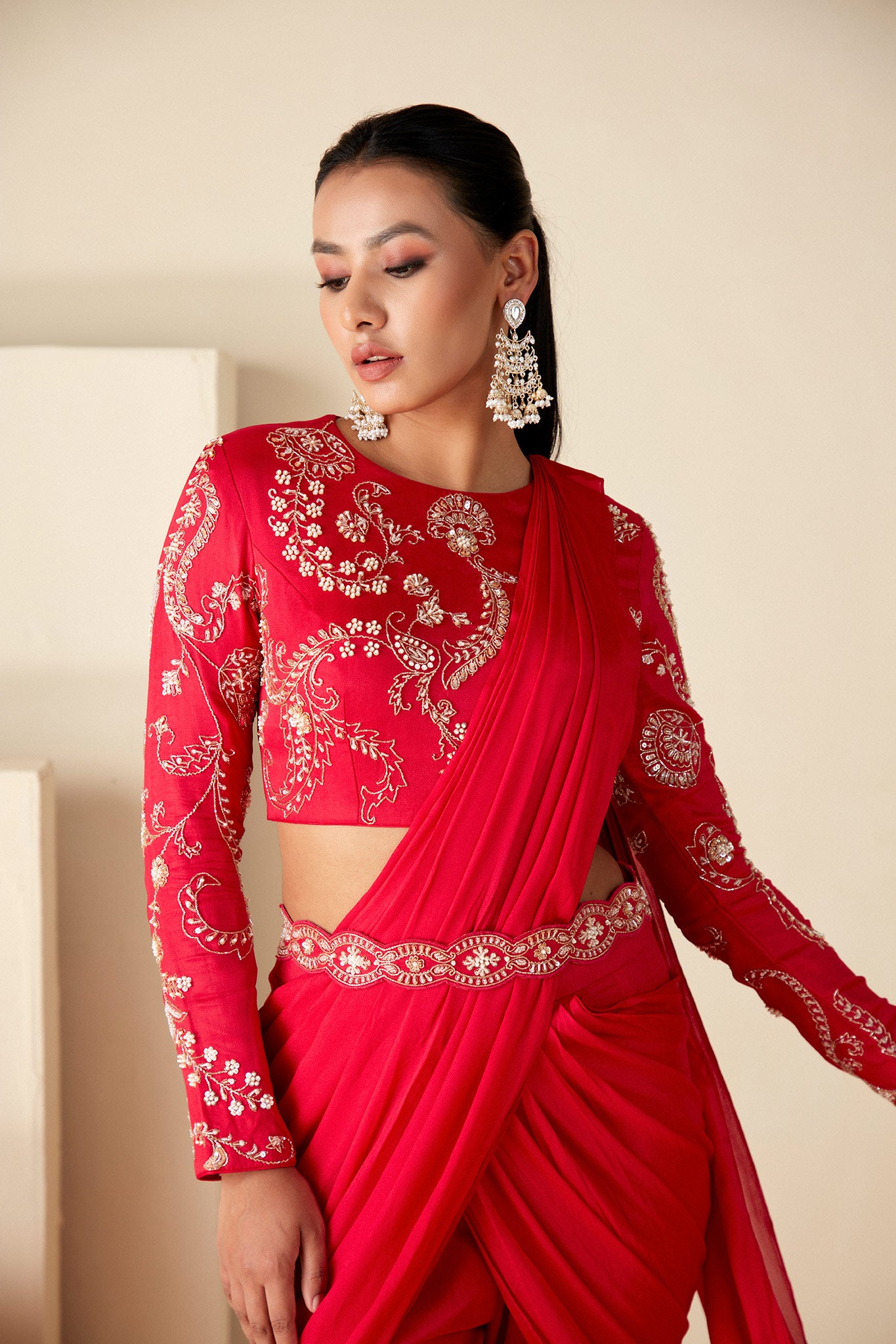 Red Pre-Drape Sharara Saree image 3