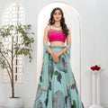 Dusty Blue hand painted lehenga with Pink embroidered bustier set image 0