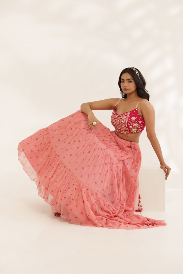 Coral Peach Bandhani Three Tier Lehenga image 3