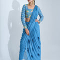 Blue Embroidered Pant Saree Set image 0