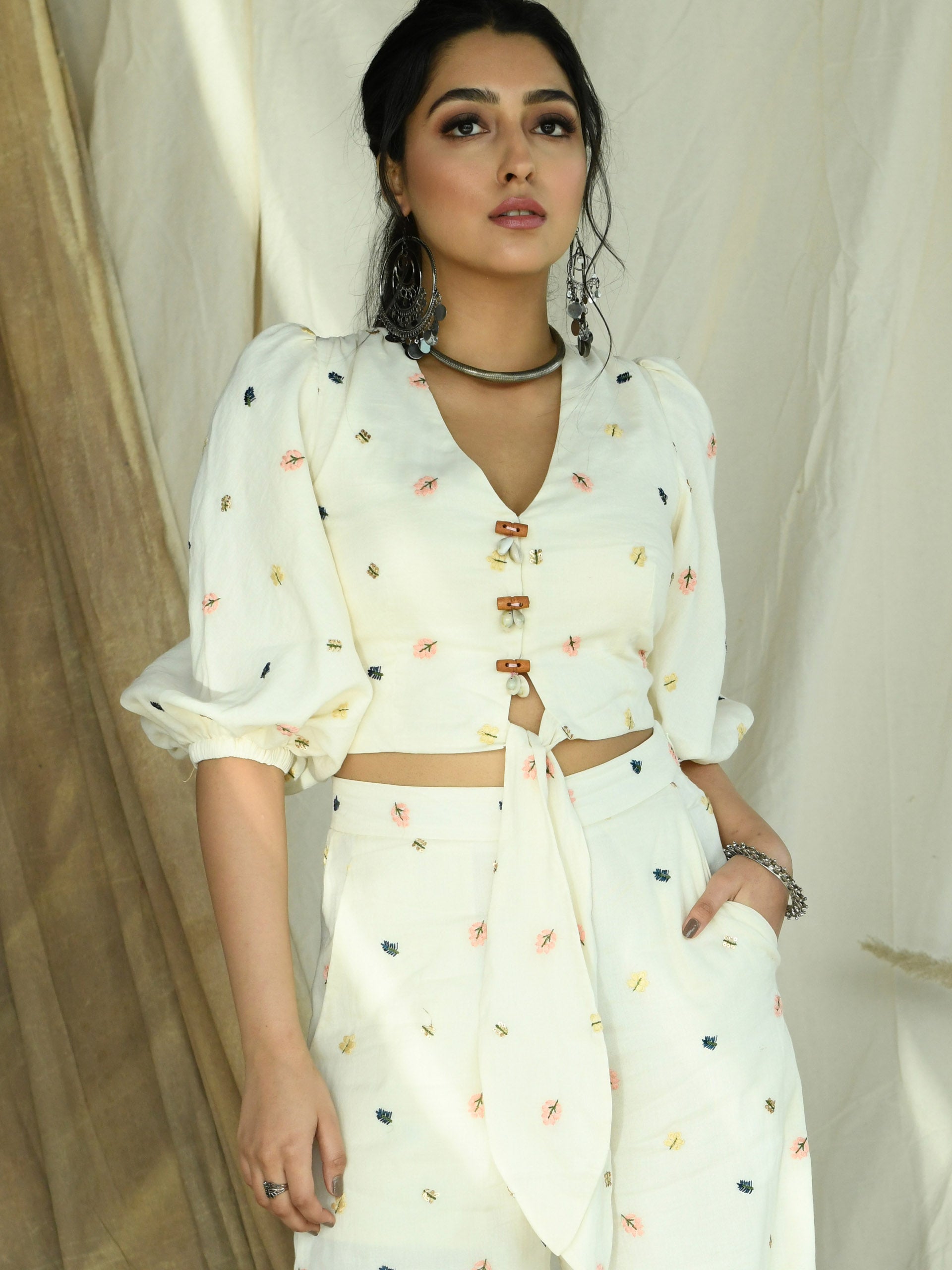 Off-White Leaf Embroidered Pallazo Co-ord Set image 3
