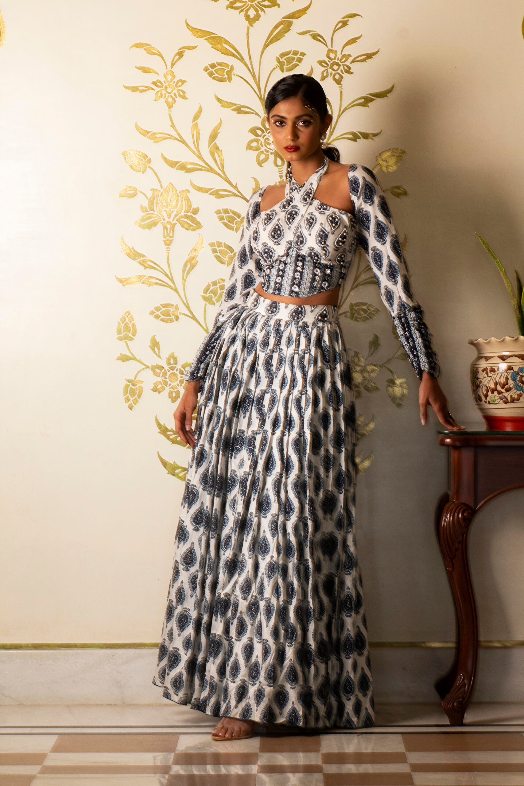 White Printed Tie-Up Corset Blouse and Skirt Set - Custom image