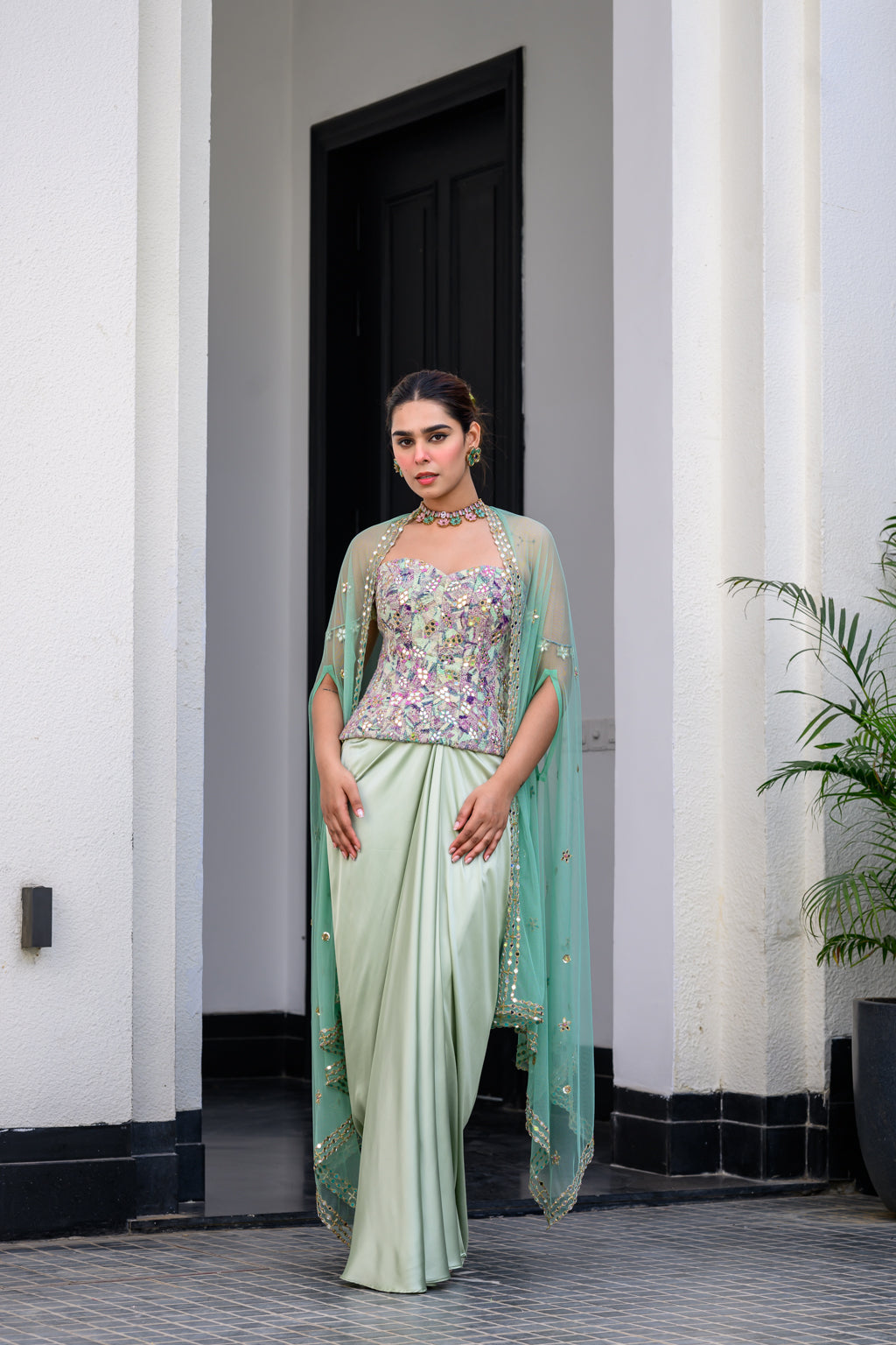Eden Textudawn Corset With Mirror Work Paidawn With Dhoti Skirt And Cape Set image 6