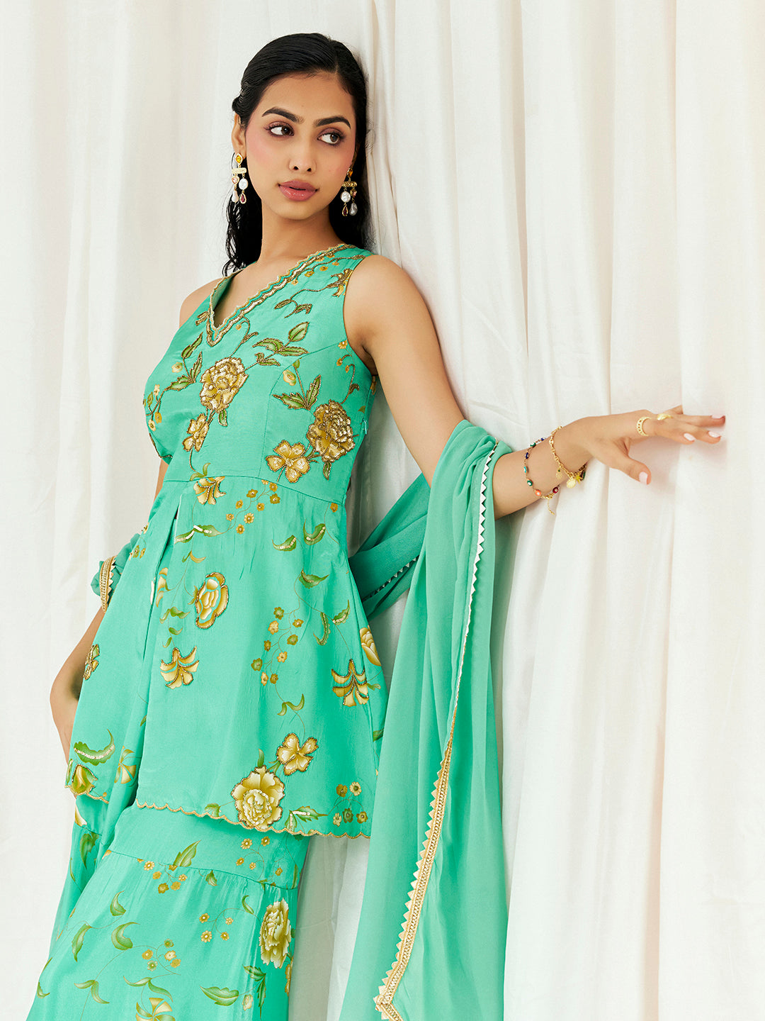 Turquoise Blue Printed Embroidered Sharara Suit Set - S image
