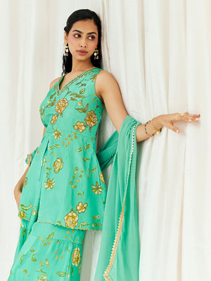 Turquoise Blue Printed Embroidered Sharara Suit Set - S image