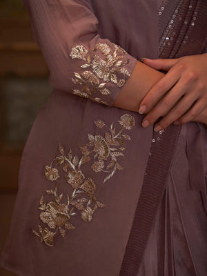Chocolate Brown Jacket Pre Draped Saree Set image 5