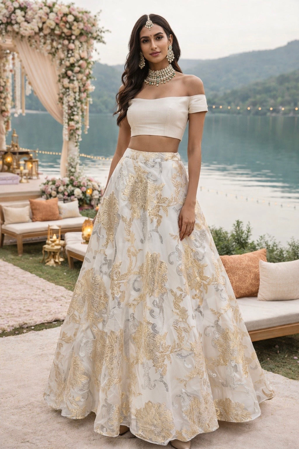 White off shoulder blouse teamed with an ivory organza jaquard skirt - L image