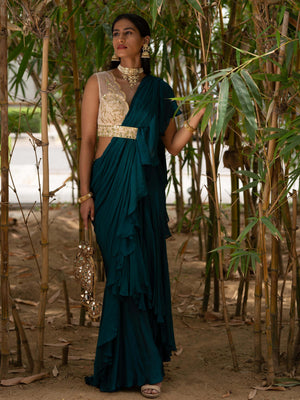 Teal Green Zuri Ruffle Saree - M image