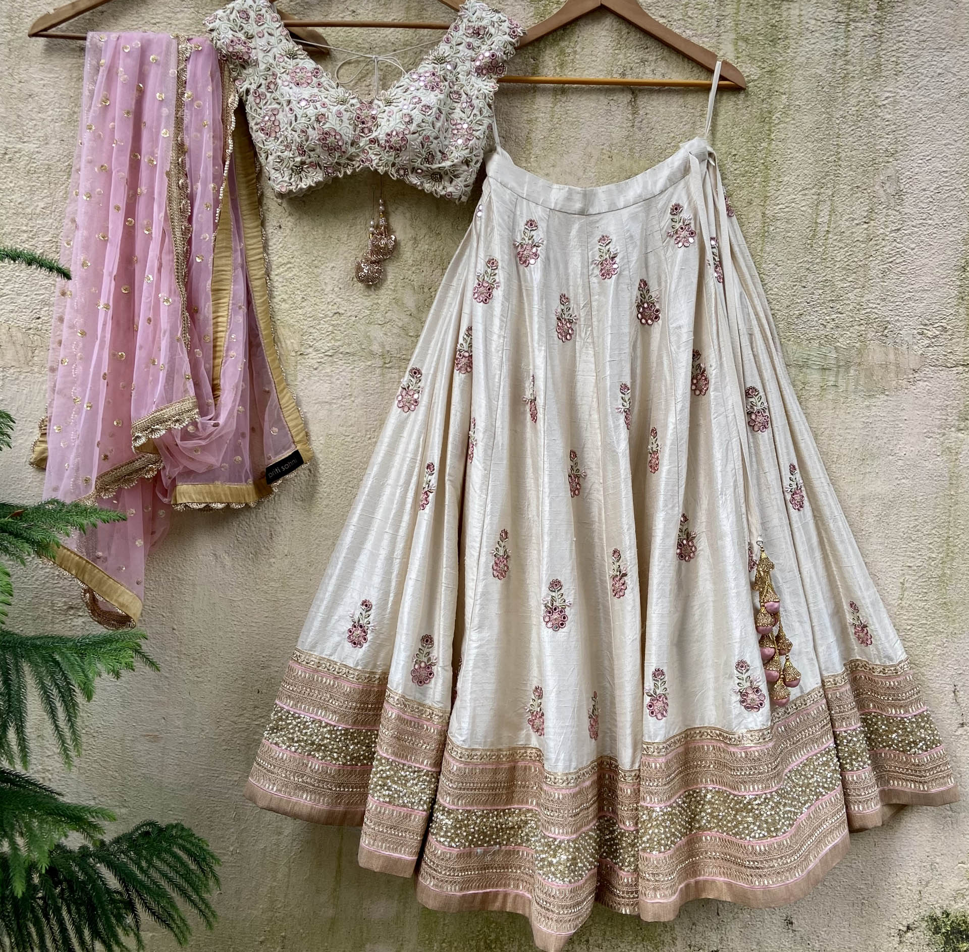 Ivory and Pink Mirror Lehenga Set - S image