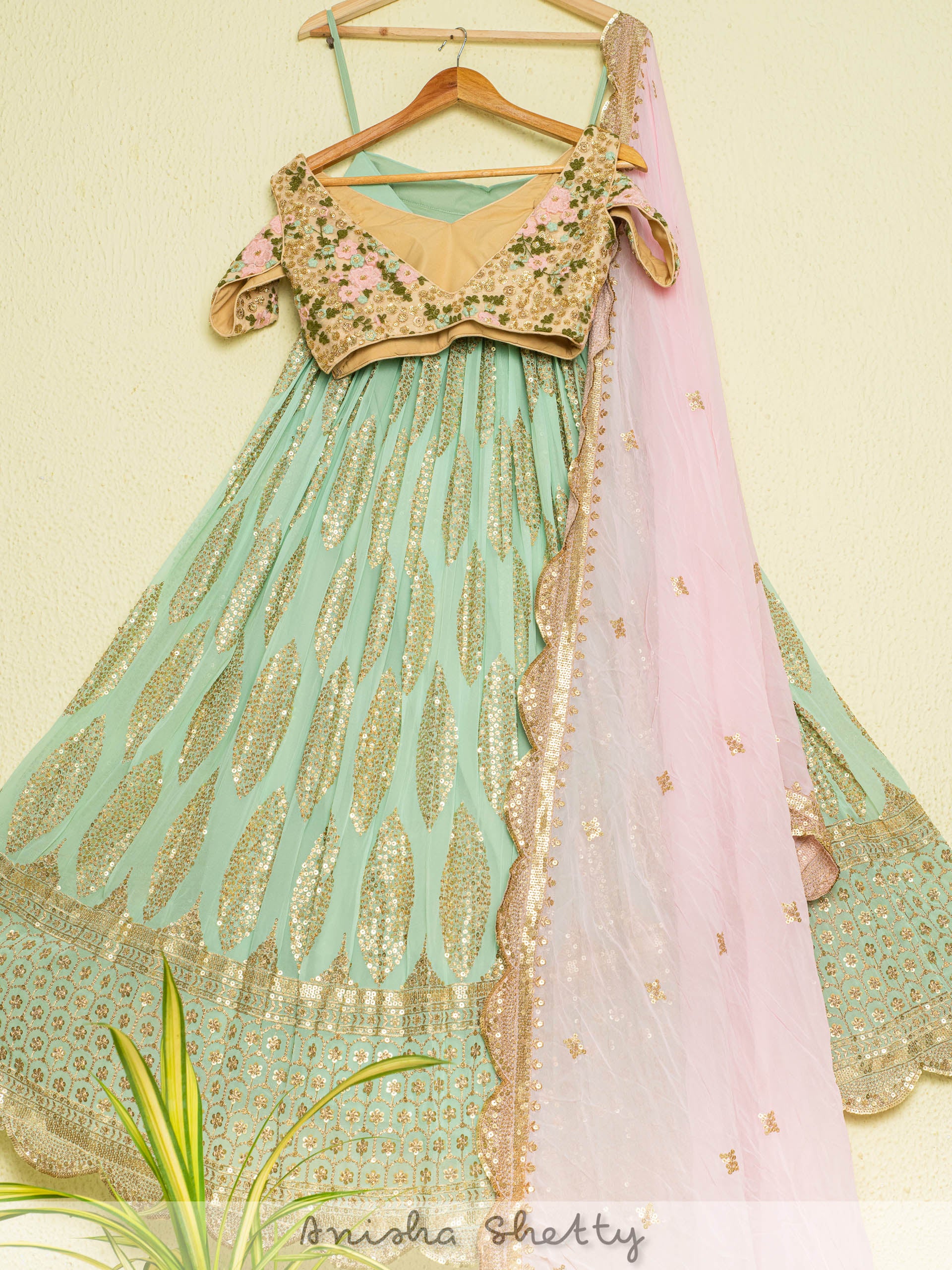 Mint Green Lehenga and Oyster Floral Blouse Set image 3